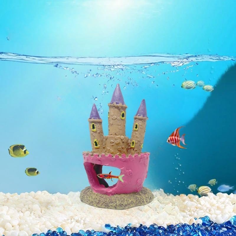 Small Cartoon Aquarium Castle Decor, Mini Cute Pink Castle Hide Cave Hideouts for Small Fishes Shrimp Crab Fish Larvaes Cichlid, Princess Style Castles Statue Birthday Party Table Decor - 11 x 8 cm