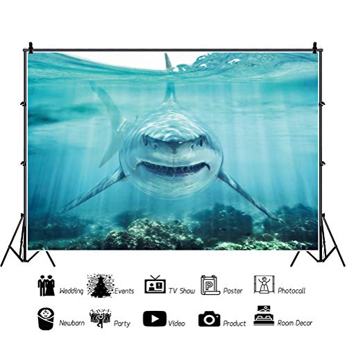 Haoyiyi 7x5ft Underwater Shark Backdrop Deep Under Sea Seabed World Great White Shark Aquarium Photography Background Baby Boy Birthday Celebration Theme Party Kid Diver Portrait Photo Studio Props