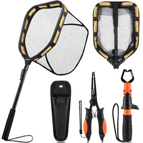 PLUSINNO Floating Fishing Net for Steelhead, Salmon, Fly, Kayak, Catfish, Bass, Trout Fishing, Rubber Coated Foldable Landing Net with Fixed or Telescoping Pole Handle, Fishing Gear and Gifts for Men - color: 11.8"/30cm Hoop Size 0.8M Orange (Fixed Pole)W