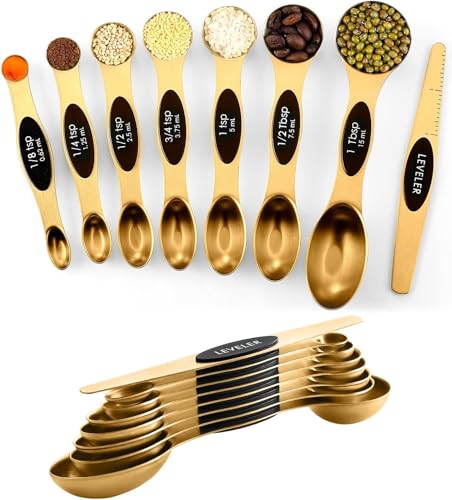 ChefAide Pack of 8 Stainless Steel Magnetic Measuring Spoons Set, Dual Sided, Stackable, Adjustable Teaspoon and Tablespoon Measure Spoon with Leveler, Kitchen Gadgets - color: Gold, size: Magnetic Measuring Spoons