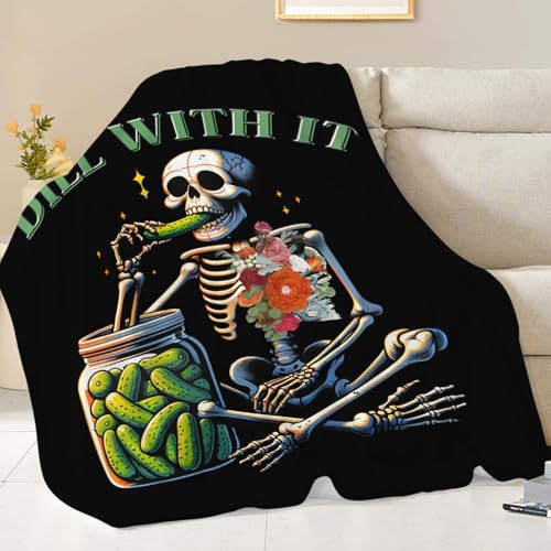 Pickle Skeleton Blanket for Girls Kids Women Adults Soft Cozy Flannel Fleece Funny Pickles Skull Throw Blankets Gifts Warm Fluffy Plush Decor for Couch Sofa 80"x60" - color: Pickled Skull, size: 80"x60"