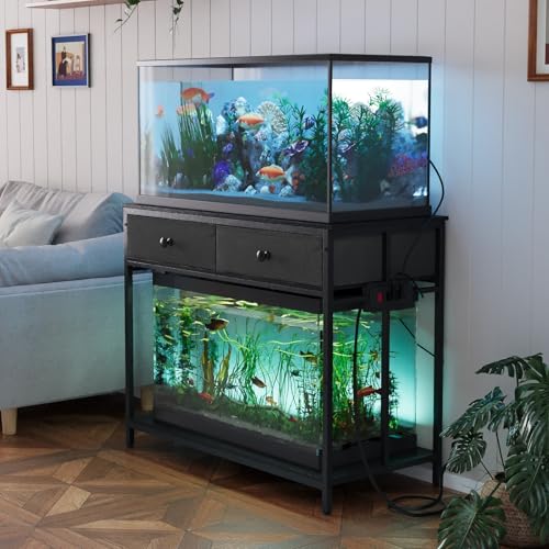 VOWNER 40 Gallon Aquarium Stand with Power Outlet, Metal Frame Fish Tank Stand with Cabinet Storage, Double Turtle Reptile Terrariums Tank Stand, 39.4" L*18.9" W Tabletop, 660LBS Capacity, Black - color: Black