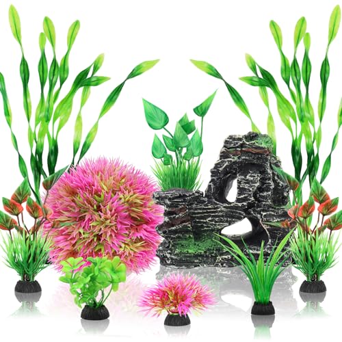 QUOZUO Fish Tank Accessories Aquarium Plants, 10pcs Colorful Fish Bowl Ornaments Plants and Rock Cave Decor Set, Aquarium Decor - color: Red