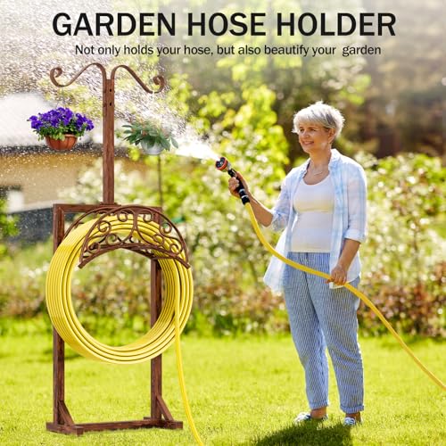 Garden Hose Holder - Upgraded Water Hose Holders for Outside with 5 Spikes & 2 Shepherds Hooks, Freestanding Hose Stand Hose Hanger Hose Storage Hose Reel Rack for Yard Lawn(Antique Bronze) - color: Antique Bronze