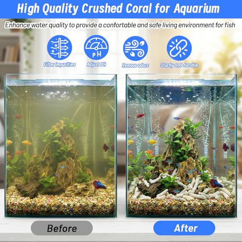 1.32lb/600g Crushed Coral for Freshwater Aquarium, Natural Fish Tank Coral Stone with Mesh Bag, Aquarium Bio Filter Media Bag Reusable Aquarium Filter to Stabilize Water and Raise PH