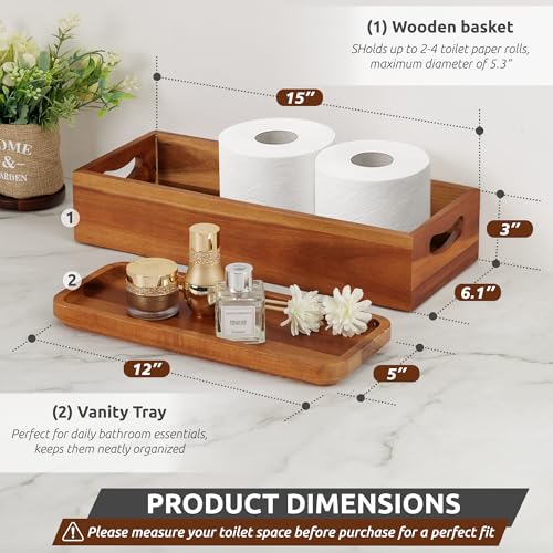 Handmade Toilet Tank Basket Topper & Vanity Tray Set of Natural Acacia Wood by DEMIGO, Created by Skilled Artisans, Smooth, Durable, Attractive Decor for Bathroom, Kitchen, Home, Spa - color: Brown
