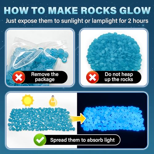 PoYang 1000pcs Glow in The Dark Rocks Outdoor - Blue Resin Glowing Pebbles for Landscaping, Garden, Fish Tank and Aquarium Indoor Decor, Powered by Sunlight or Lamplight (0.4"-0.7"/pc, 1.2lbs/Bag) - color: Blue