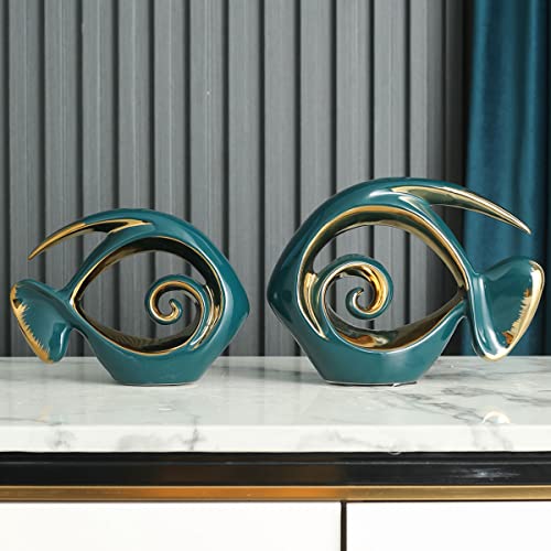 Green Gold Ceramic Fish Figurines - Coastal Home Decor, Modern Ocean Centerpieces for Living Room, Dining Area, Bathroom, Office, Coffee Table, Beach House, Nautical, Seaside, Entrance, Shelf Display - color: Green, size: Small
