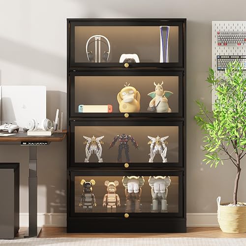 Display Cabinet with Acrylic Glass Doors,4-Tiers Curio Cabinet with LED Lighting for Collectibles, Collectibles Toy Organizers Rack & Display Shelf Display Case Storage Cabinet, Black - color: Black, size: 31" W x 55" H