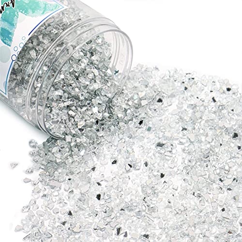 1.5 lb Mirror Crushed Glass for Resin Art and Crafts, 3-6mm Chunky Broken Glass Pieces, Solid Color Irregular Shards for Geode, Vase Filler, Aquarium Decor & DIY Crafts - color: White-backing Mirror