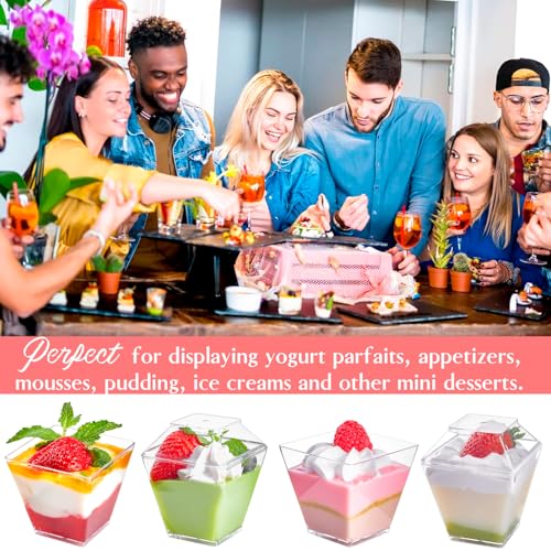 50 Pack 3.5 oz Mini Dessert Cups with Lids and Spoons - Parfait Cups with Lids Plastic Square Shooter Cups for Party Appetizers Pudding Mousse Triffle