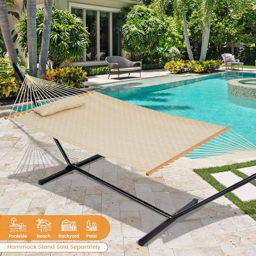 Lazy Daze Hammocks 12 FT Sunbrella Fabric Hammock Non-Fading with Spreader Bars and Free Pillow Fits for 2 Persons, All Weather and Fade Resistant for Patio Yard, 450 lbs Capacity, Meander Wren - color: Meander Wren