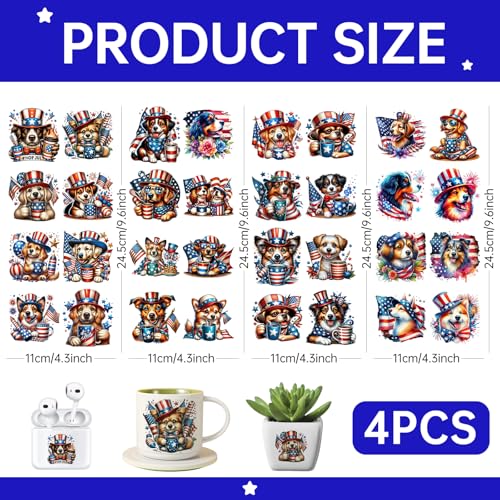 4 PCS 4th of July Dog UV DTF Cup Wrap, Rub on Transfer Stickers for 16oz Glass Mugs, High Viscosity Permanent UV DTF Sticker, Coffee Cups, Water Bottles and Personalized Crafts - style: 4th of July Dog