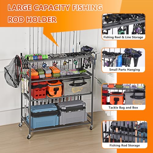 Heavy Duty Fishing Rod Rack, Fishing Organizer for Garage, Fishing Gear Holder for Garage with Movable Wheels - size: 15 Rods & Reel Storage