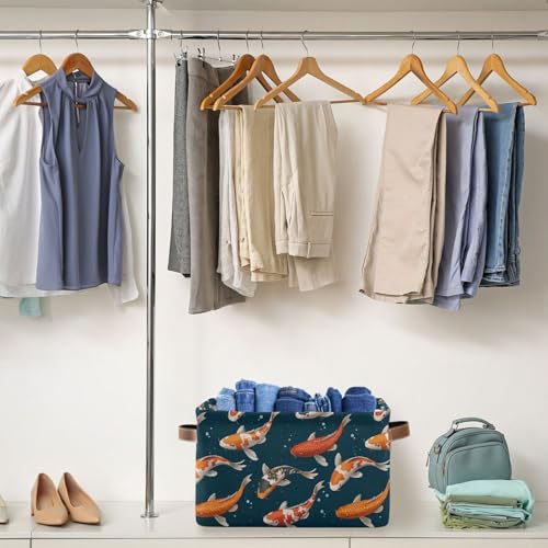 Foldable Storage Baskets, Koi Carps 3D Japanese Storage Bins with Handles, Decorative Cloth Organizer Storage Boxes for Home|Office 15 x 11 x 9.5 in - color: Koi Carps 3d Japanese, size: 1 PCS