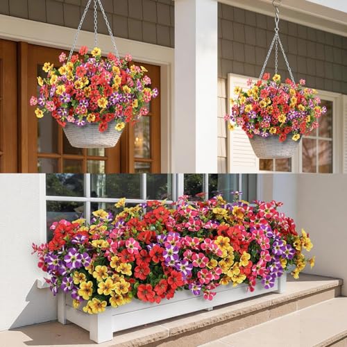 VIERENA 12 Bundles Artificial Flowers and Eucalyptus for Outside, Sun Resistant Silk Fake Morning Glory with Faux Eucalyptus Plants for Garden Porch Farmhouse Home Spring Summer Decor (Mixed Color) - color: Mixed Color