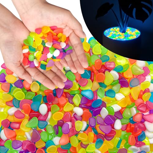 PoYang 1000pcs Glow in The Dark Rocks Outdoor - Multicolor Resin Glowing Pebbles for Landscaping, Garden, Fish Tank & Aquarium Indoor Decor, Powered by Sunlight or Lamplight (0.4"-0.7"/pc, 1.2lbs/bag) - color: Multicolor