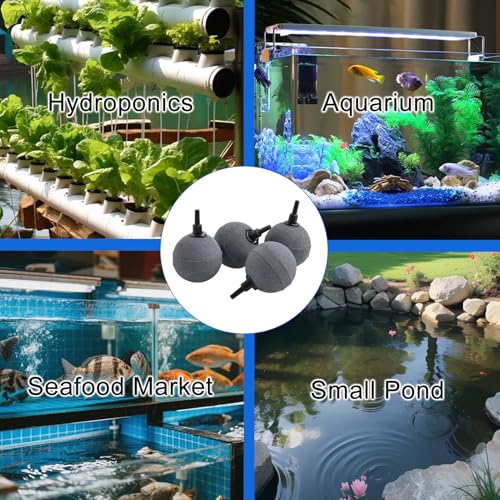 4 Pack 2 Inch Aquarium Air Stone Balls Premium Porous Airstones for Fish Tanks, Ponds & Hydroponics Long-Lasting Oxygen Diffuser with Fine Bubbles, Sinks & Won’t Float (3/16" or 3/8" Tubing)