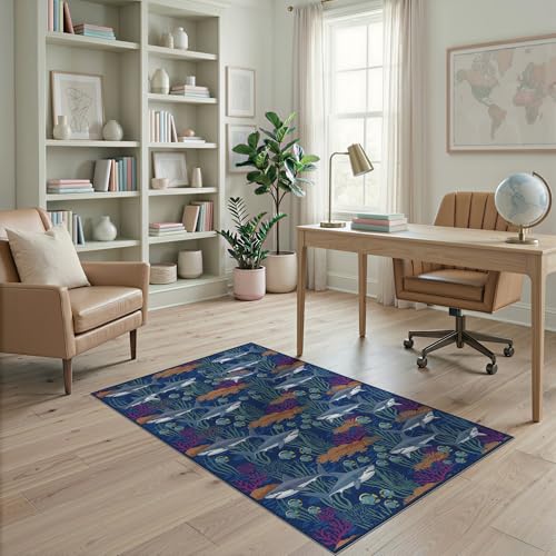 4'x6' Washable Modern Fish Area Rug, Navy Flatwoven Floor Mat for Home Office, Gaming Room, Under Desk, Non-Slip Chair-Friendly Carpet | Ref:2068689 - color: Blue/Pattern 26, size: 4' x 6' (Rectangular)