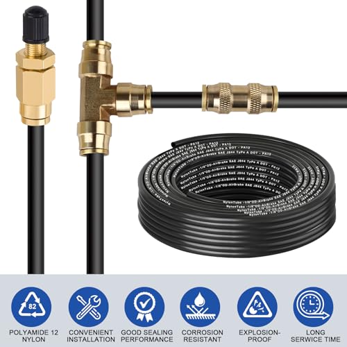 50FT 1/8" OD DOT Air Line Black SAE J 844 PA12 Nylon Air Brake Tubing with Cutter and Teflon Tape, Pneumatic Nylon Air Line Hose for Semi Truck Trailer Air Brake System & Fluid Transfer - size: 50FT-1/8"OD
