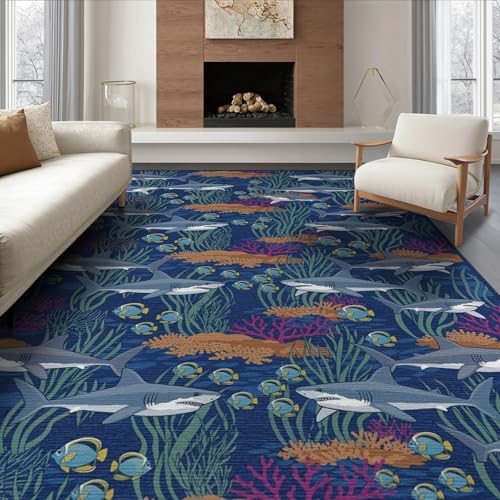 6'x9' Washable Flatwoven Rug, Gray Modern Shark Stain Resistant Large Carpet Non-Slip Chair-Friendly Floor Mat for Dining Room, Under Table, Office | Ref:2068689 - color: Blue/Pattern 26, size: 6' x 9' (Rectangular)