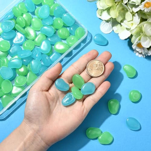 1 Box 100Pcs Glow in The Dark Rocks Glowing Resin Pebbles Aquarium Gravel Fish Tank Decor Blue Garden Stones for Outdoor Landscaping Walkway Driveway Pot Plant Bonsai Fairy Garden Night Decor - color: Blue, Green