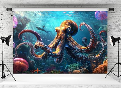 5x3ft Fantasy Octopus Backdrop Colorful Underwater Jellyfish Shark Coral Reef Background Pirate Party Marine Themed Party Birthday Aquarium Event Halloween Decor Photo Studio Booth Props - size: 5x3FT