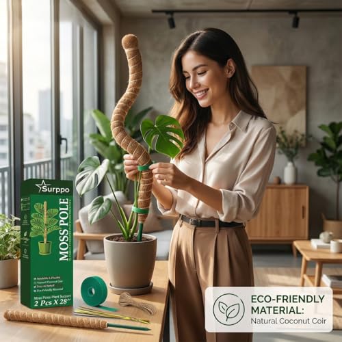 2 Pack 28" Bendable Moss Pole Monstera Plant Support | Monstera Moss Pole for Plants Indoor for Climbing Indoor Potted Plants | Stackable Plant Stakes for Pothos, Philodendron, & Eco Friendly