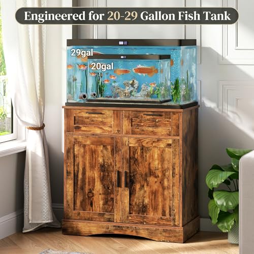 20-29 Gallon Fish Tank Stand with Storage, Aquarium Stand with 2 Drawers for Fish Tank Accessories, 29 Gallon Aquarium Cabinet, 30.71''L x 15.75''W Tabletop, Rustic Brown PTBX01BR - color: Rustic Brown, size: 20-29 Gallon