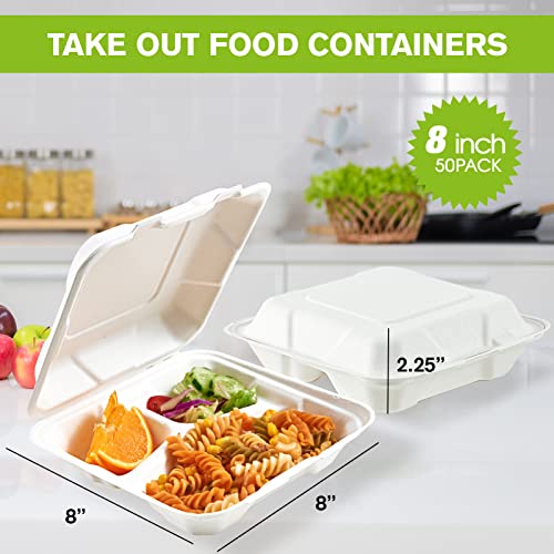 ECOLipak 50 Pack Clamshell Take Out Food Containers, 100% Compostable Disposable To Go Containers, 8X8 inch 3-Compartment Heavy-Duty To Go Boxes - color: 8*8 in, 3-Compartment,50Pack