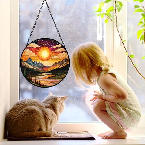 DASTOLL Stained Glass Window Hanging, Dusk Sunset Landscape Sun Catchers Glass Panel Lakes and Mountains Suncatcher Decor for Birthday for Women, Men, Wife, Aunt, and Mom 9.8 in - color: Golden Red, size: 9.8x9.8 IN