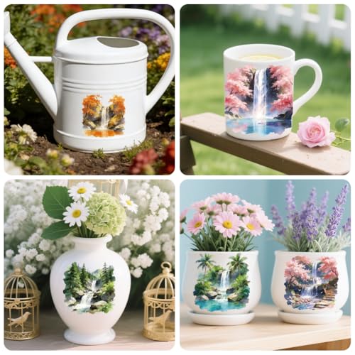 Peacoblue 18 Sheets Rub on Transfers for Crafts, Waterfall Forest Scenery 3.6"x3.9" UV DTF Cup Wraps Waterproof Cold Transfers Stickers for Wood Glass Metal Cup Tumblers Mirrors Mugs Home Decor - style: Waterfall Forest Scenery