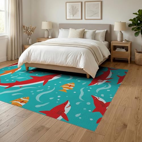 6'x9' Washable Contemporary Fish Area Rug, Orange Non-Shedding Pet Friendly Room Rug Foldable Easy Care Carpet for Queen Size Bedroom, Under Bed, Master Suite | Ref:2070035 - color: Blue/Pattern 12, size: 6' x 9' (Rectangular)