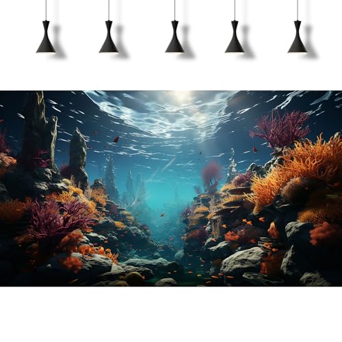 Under The Sea Fish Tank Background Underwater Coral Reef Aquarium Background Undersea Rock Cave Sunray Terrarium Backgrounds Tropical Fish Blue Ocean Aquarium Fish Tank Backgrounds 24x12in - color: Orange, size: 24(W)x12(H)inches/ 60(W)*30cm(H)