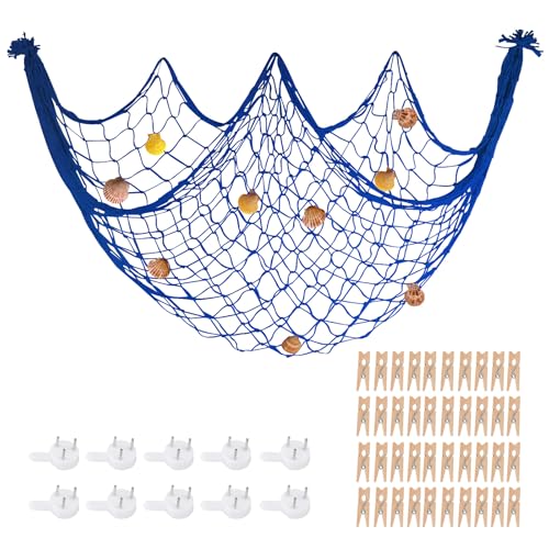 80x40 Inch Decorative Fishing Net w/Shells & Clips, 3mm Thickness Navy Blue Natural Cotton Large Photo Hanging Fishnet, Wall Party Decorations for Nautical Pirate Hawaii Mermaid Themed Party - color: Dark Blue, size: Large - 1 Pack with shells