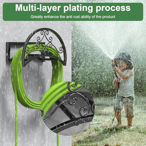 OLV Garden Hose Holder, Heavy Duty Water Hose Holder Wall Mount Holds 125-ft Water Pipe, Decorative Detachable Metal Hose Hanger Storage Organizer Reel Rack for Outside Lawn Yard Farm, Black
