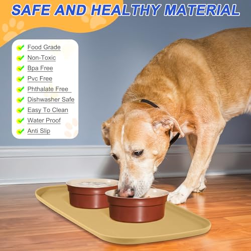 SMILOOL Silicone Pet Food Mat with Raised Edge for Food and Water Bowl, Dog Feeding Mats, Cat Food Trays for Floor Waterproof, Rubber Tray for Dogs and Cats, 24 x 16 x 0.8 Dark Beige - color: Dark Beige, size: 24"L x 16"W
