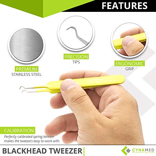 Blackhead Tweezer - Professional Curved Steel Tip Surgical Comedone & Splinter Extractor. Ideal Blemish & Acne Remover Tool Means Flawless Facial Skin (Yellow) - color: Yellow