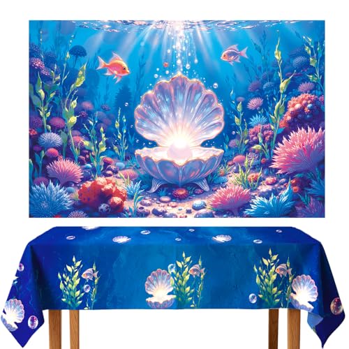 Mermaid Backdrop Tablecover Set Under The Sea Party Decorations Underwater Ocean Scene with Giant Shell & Pearl, Coral Reef Fish Aquarium Background for Photography Kids Birthday Baby Shower - size: 8x6 FT+9x4.5 FT