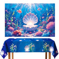 Mermaid Backdrop Under The Sea Party Decorations Underwater Ocean Scene with Giant Shell & Pearl, Coral Reef Fish Aquarium Background Tablecover Set for Photography Kids Birthday Baby Shower - size: 10x6.5 FT+9x4.5 FT