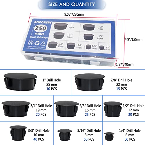 250 PCS 8 Sizes Nylon Plastic Hole Plugs Black 1/4, 5/16, 3/8, 1/2, 5/8, 3/4, 7/8, 1 Inch Round Hole, Flush Type Panel Knockout Locking Plugs, Furniture Cabinet Pipe Insert End Covers Caps - size: 8 Sizes, Black((1/4“-1”, 250 PCS)