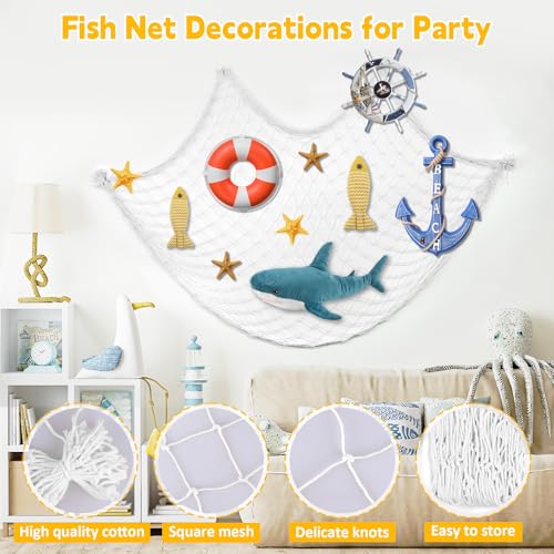 2 Pcs Fish Net Decorations, 39x78 Inch Cotton Nautical Themed Fishing Net, Wall Hanging Photo Display Fishnet for Coastal Bedroom Bathroom, Pirate Beach Under The Sea Party Decor, Bleached White - color: Bleached White
