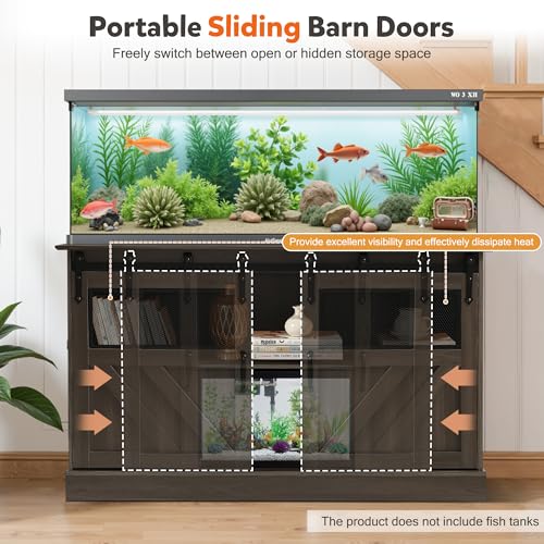 MAGIC UNION 55-75 Gallon Large Fish Tank Stand with Power Outlet, Heavy Duty Aquarium Stand with Sliding Barn Doors, Turtle Reptile Terrarium Stand with Cabinet for Accessories Storage, 1300LBS (Gray) - color: Gray