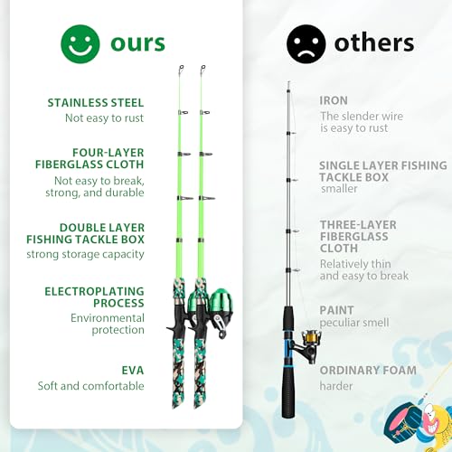 Kids Fishing Pole, Portable Telescopic Kids Fishing Poles for Boys and Girls, Fishing Rod and Reel Combo Kit with Tackle Box, and Fishing Net, Best Fishing Pole for Toddler Youth - color: Green+Green