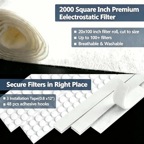MERV 8 Air Vent Filters Kit 20x100 Inch|Cut to Fit (60+ Filters) Filter Material,High-Grade Electrostatic Filter Media with 48 Hooks for Home Floor, Ceiling, HVAC Furnace Vents & Grilles - style: 20" x 100"(White)