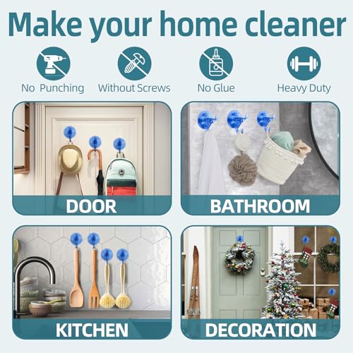 Antimbee 3 Pack Suction Hooks, Clear Suction Hangers for Shower, Bathroom, Glass, Door, Windows, Kitchen-Up to 11 lbs on Smooth Surface (Transparent Blue) - color: Transparent Blue