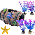 Fish Tank Decoration for Aquarium Tank, Betta Fish Tank Accessories Starfish Barrel x 1pc, Aquarrium Decor Aquatic Plants x 4pcs, Aquarium Decor Starfish x 1pcs.
