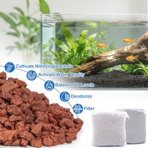 MAQIHAN Lava Rocks for Aquarium - 0.88 Lb Aquarium Rocks Red Volcanic Rock Stones Black Aquatic Soil for Fish Tank Decor Aquascaping Rock Substrate Decorative Landscaping (with 2 Filter Bags)
