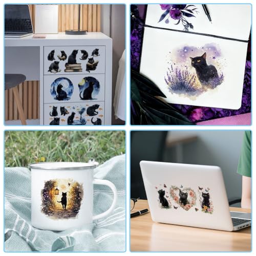 32 Pcs Black Cat UV DTF Cup Wraps for 16OZ Glass, Kitten Theme UV DTF Transfer Stickers Decals Pet Animals Waterproof Rub on Transfer Stickers for Glass Bottle Vase Furniture Crafts - style: Black Cat