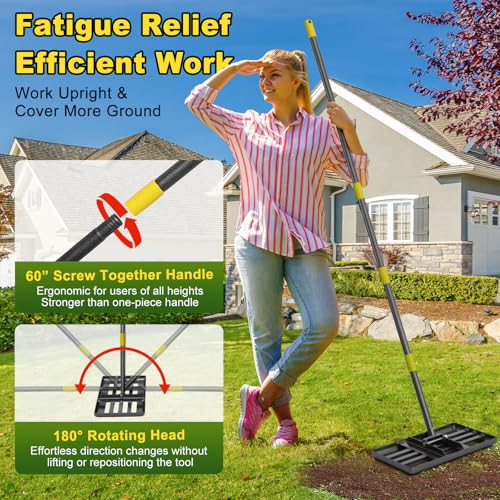 Lawn Leveling Rake: Anti Flipping 17" x 10" Stainless Steel Lawn Ground Leveler for Soil, Heavy Duty Grass Top Soil Dressing Leveling Rake, Home Lawn,Golf Field,Yard Landscaping Tool, 60” Long Handle